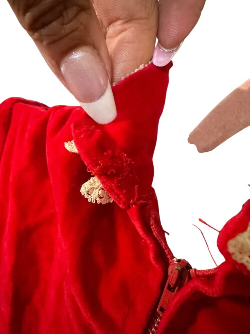 Vintage Mrs. Clause Red Velvet Dress With White Fur Trim & Lace Collar - Picture 7 of 11